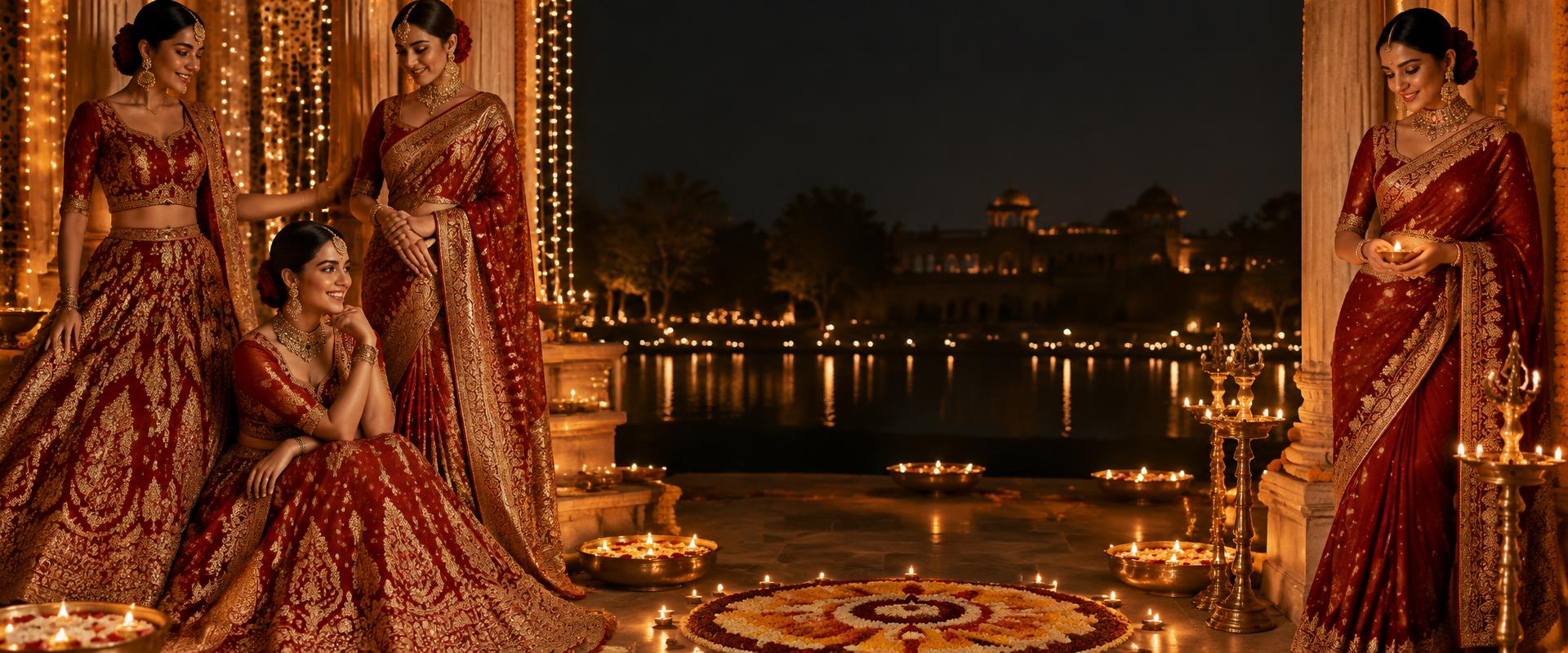 Women in red and gold lehengas and sarees lit by Diwali diyas