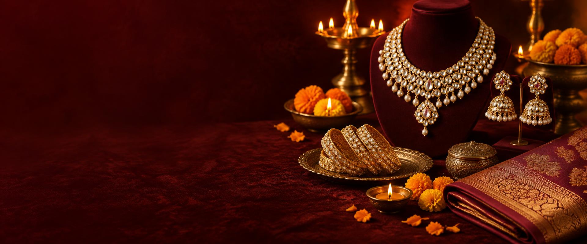 Kundan necklace, jhumkas and bangles with diyas on maroon velvet