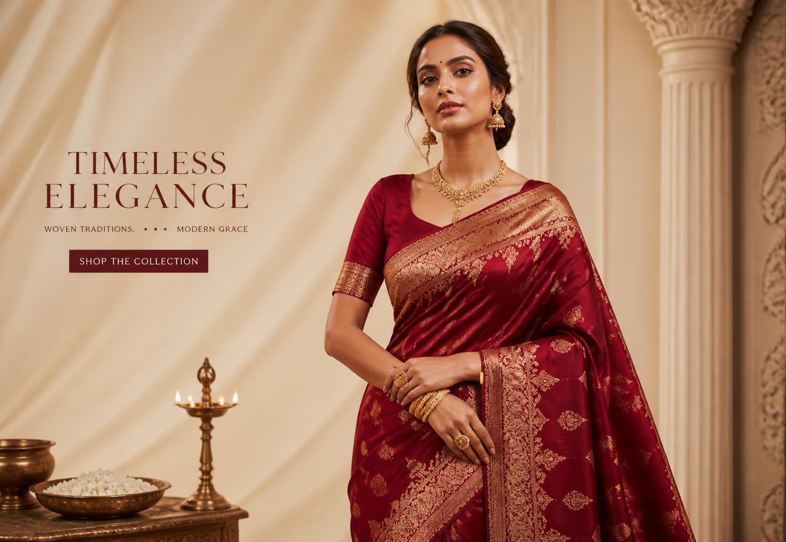 Model wearing a maroon banarasi silk saree with gold jewellery
